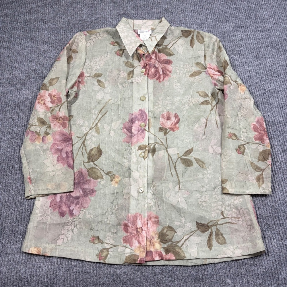 Serbin Shirt Women Size 12 Green Floral Button Up Jacket Sheer Textured USA Made